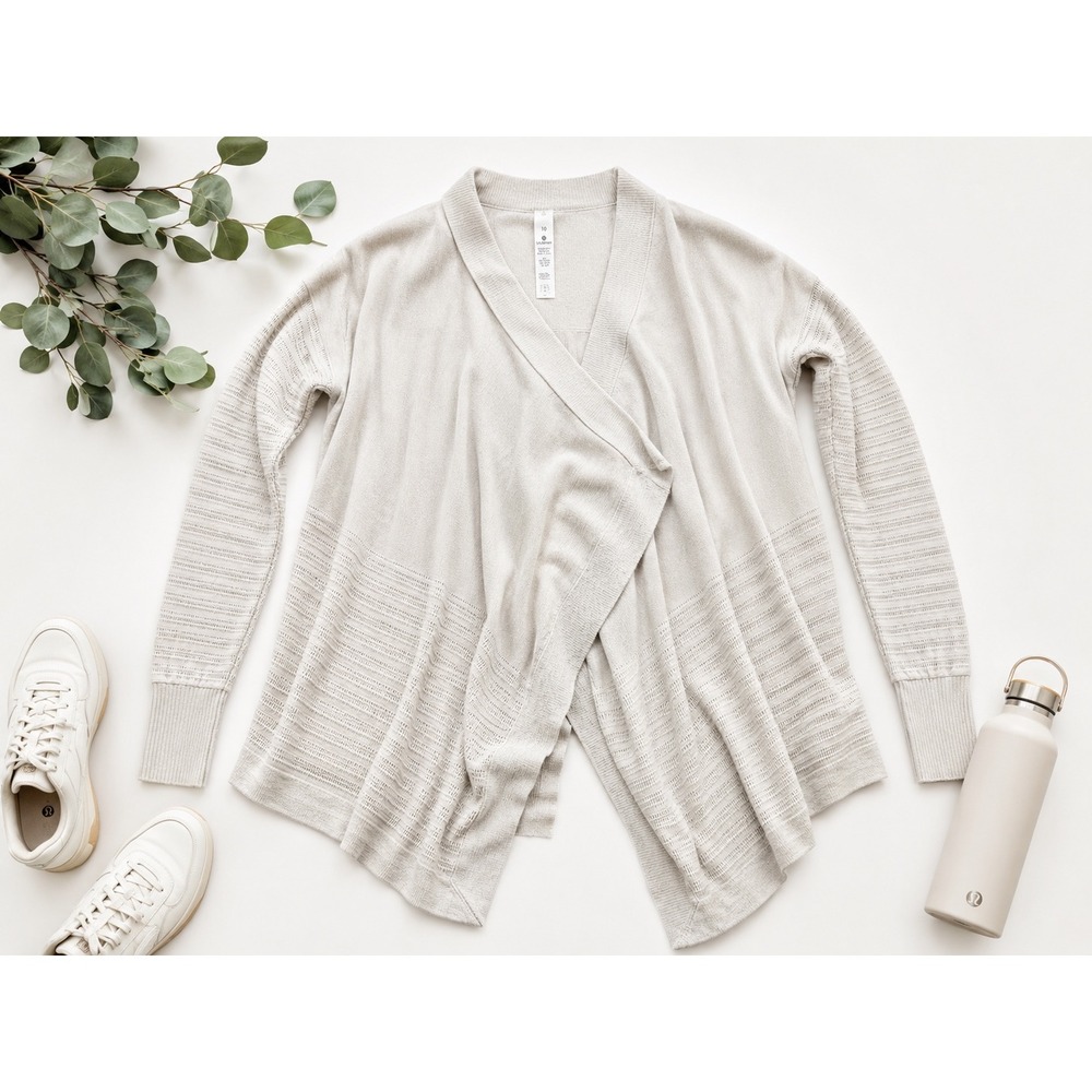 Lululemon Women 10 Beige Cotton Silk Blend Open Front Wrap Cardigan Sweater